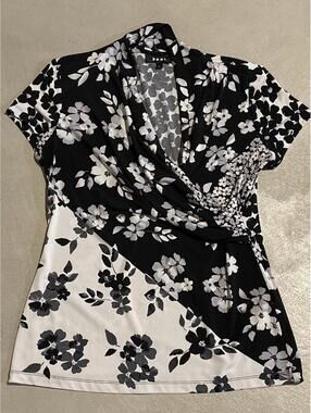 DKNY Black and White Floral Print Wrap Top